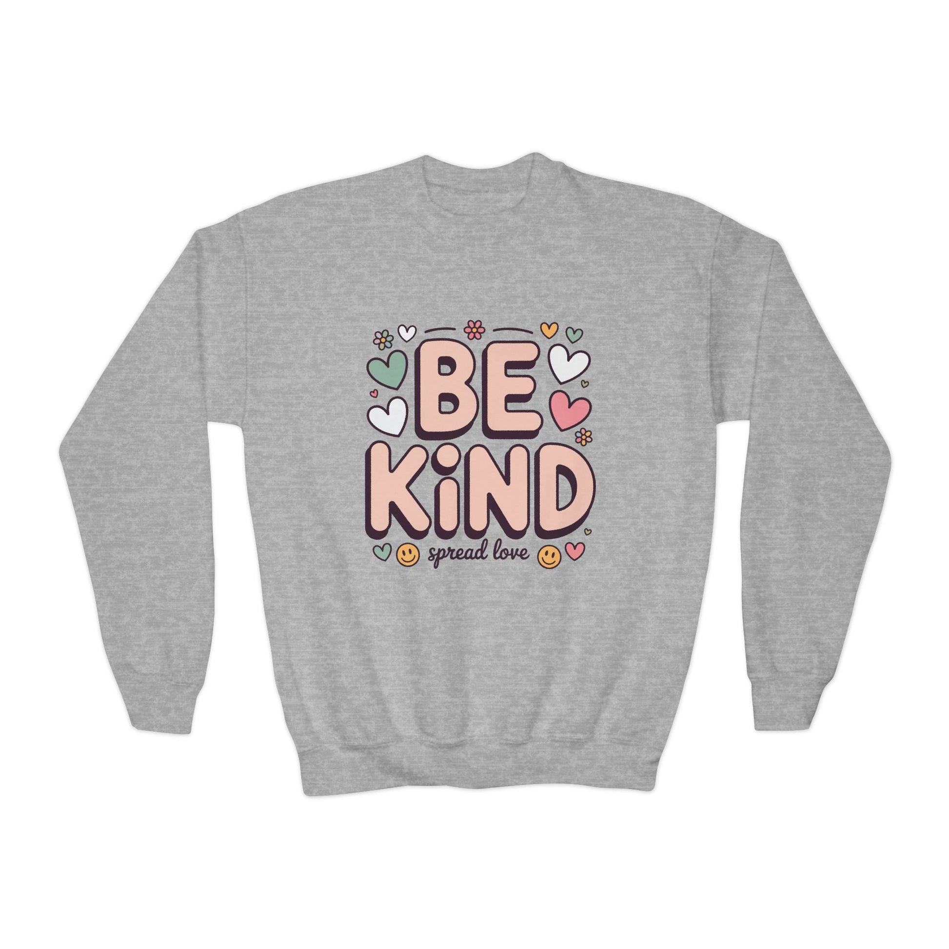 Be Kind Youth Crewneck Sweatshirt — Cute Heart Graphic, Spread Love Kids Sweater TEEZOCA
