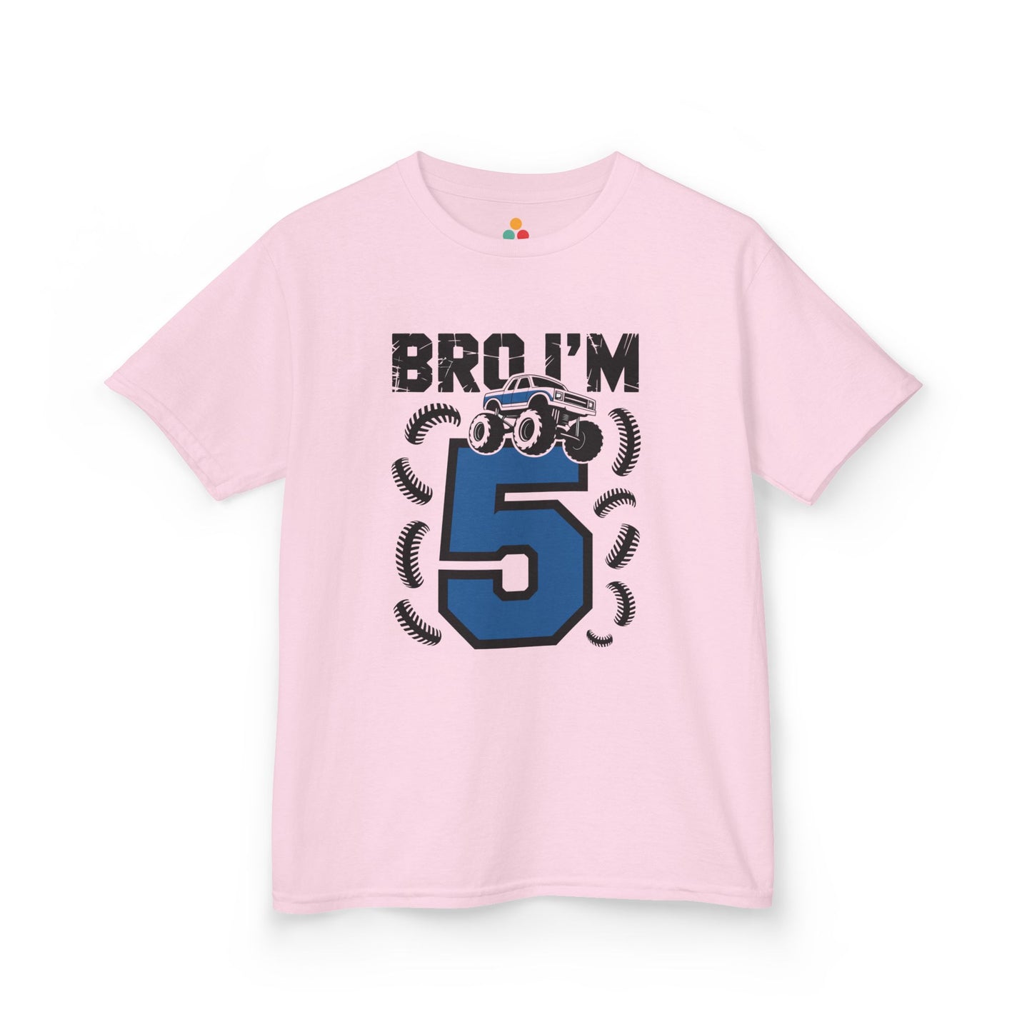 light pink kids' t‑shirt with "Bro I'm 5" dirt bike motorcycle graphic in blue and black, flat front view.