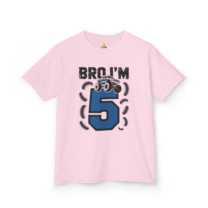 light pink kids' t‑shirt with "Bro I'm 5" dirt bike motorcycle graphic in blue and black, flat front view.
