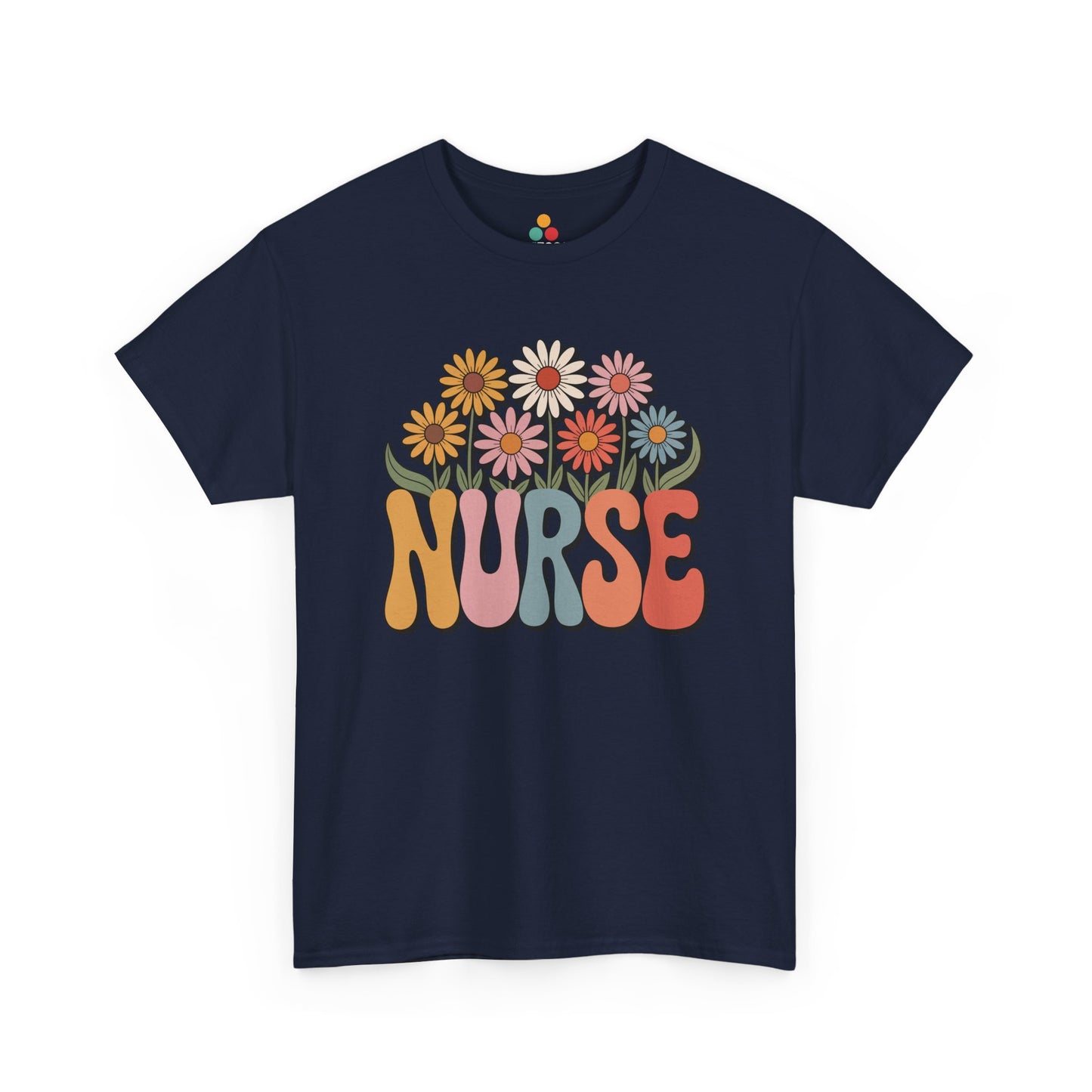 “Teezoca groovy daisy Nurse shirt, cute flower nurse graphic, purple tee, flat front display.”