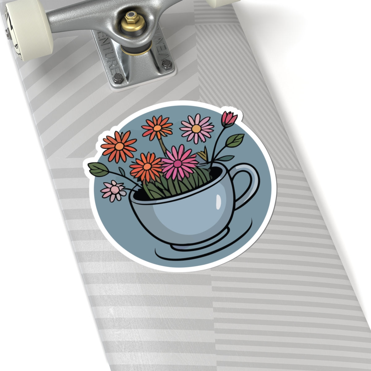 TEEZOCA cozy floral tea cup sticker with colorful daisy flowers and cottagecore aesthetic