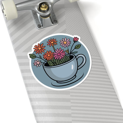 TEEZOCA cozy floral tea cup sticker with colorful daisy flowers and cottagecore aesthetic