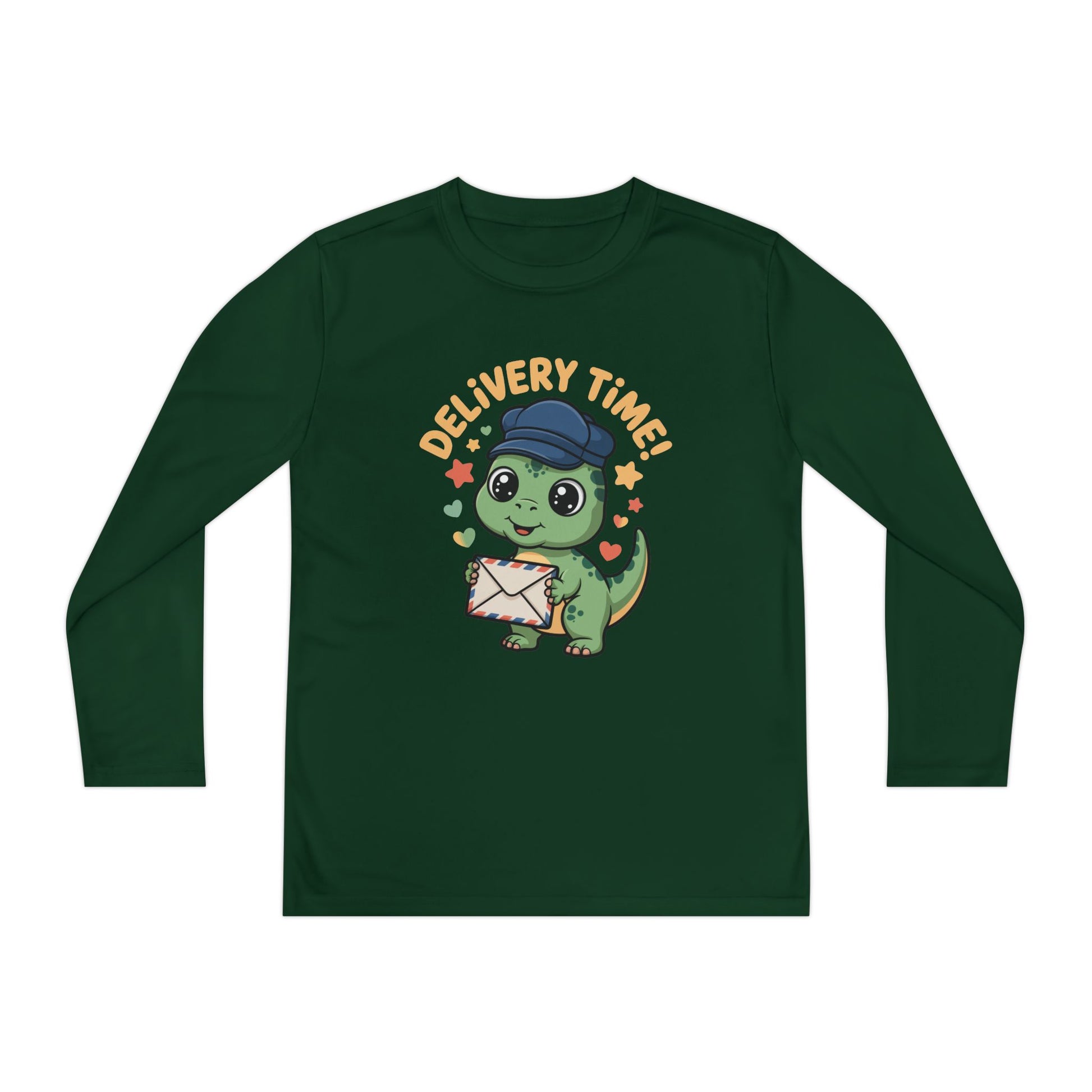Youth Long Sleeve Tee — Cute Dino 'Delivery Time!' Mail Carrier Shirt TEEZOCA