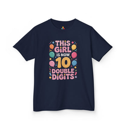 “Navy blue ‘This Girl Is Now 10 Double Digits’ t‑shirt featuring yellow number 10 and colorful balloons, girls milestone birthday shirt, flat front.”

