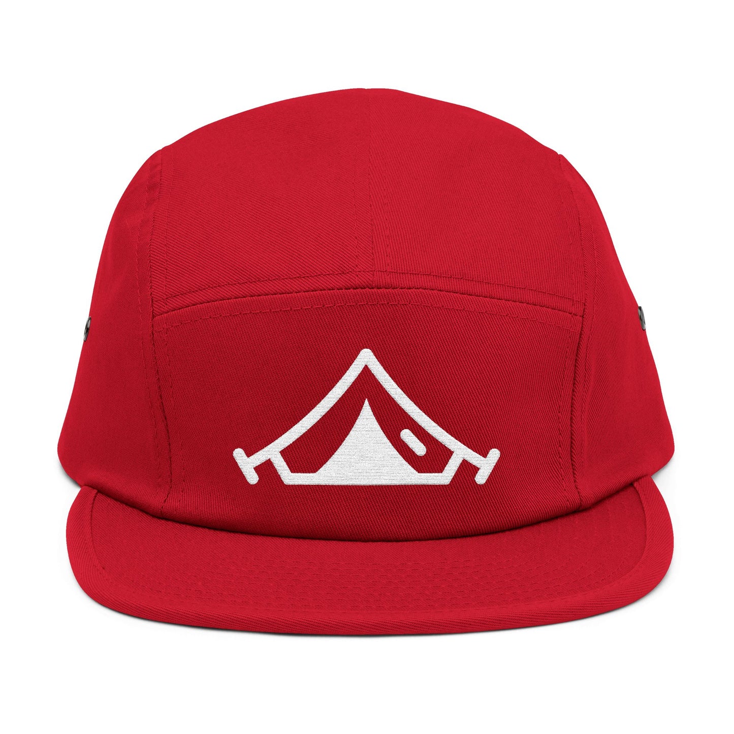 Red cap with a white tent logo on a white background. Minimal embroidered camping tent icon in bold line style. TEEZOCA