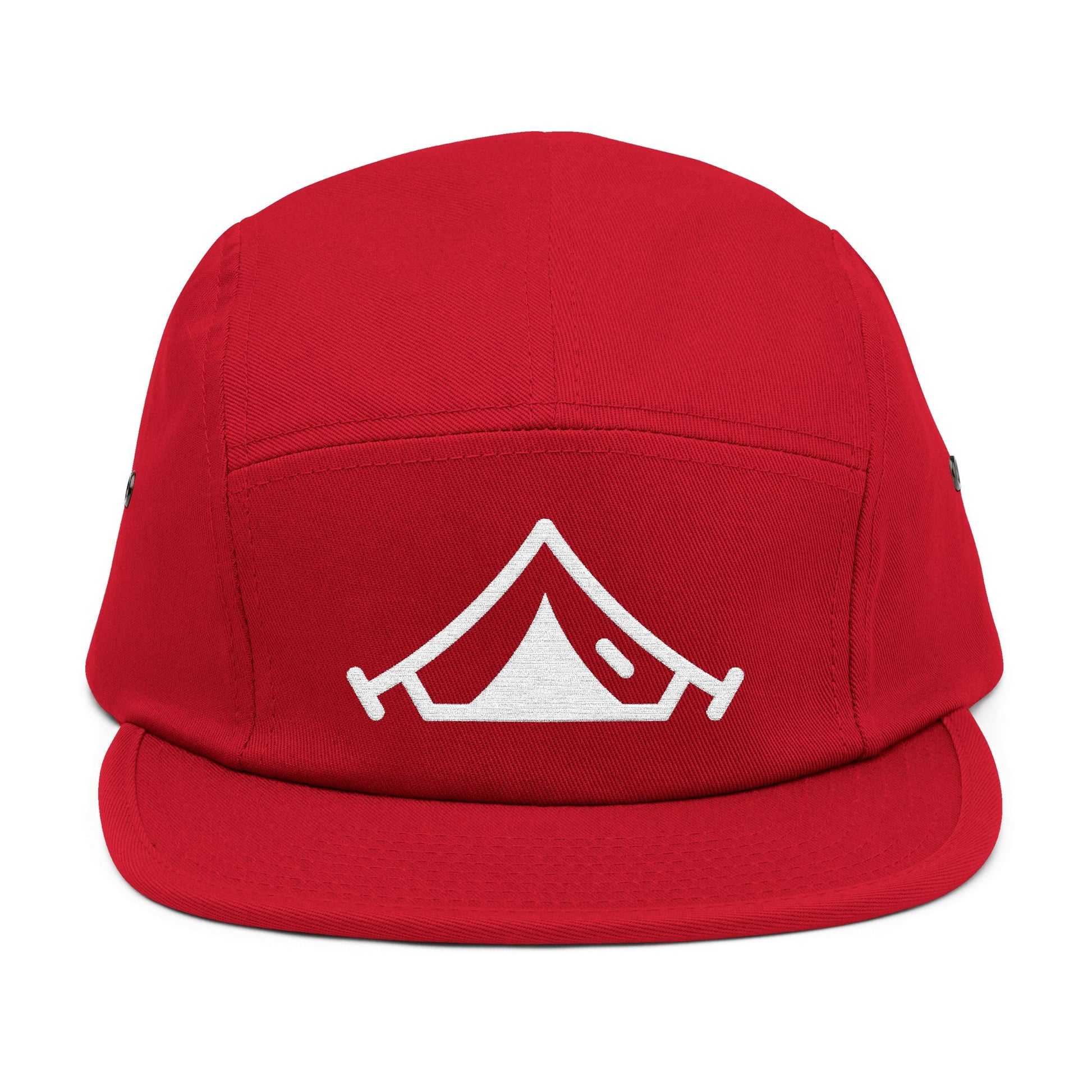 Red cap with a white tent logo on a white background. Minimal embroidered camping tent icon in bold line style. TEEZOCA