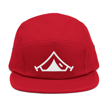 Red cap with a white tent logo on a white background. Minimal embroidered camping tent icon in bold line style. TEEZOCA