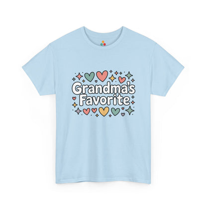 TEEZOCA light blue “Grandma’s Favorite” colorful grandchild t‑shirt displayed flat.