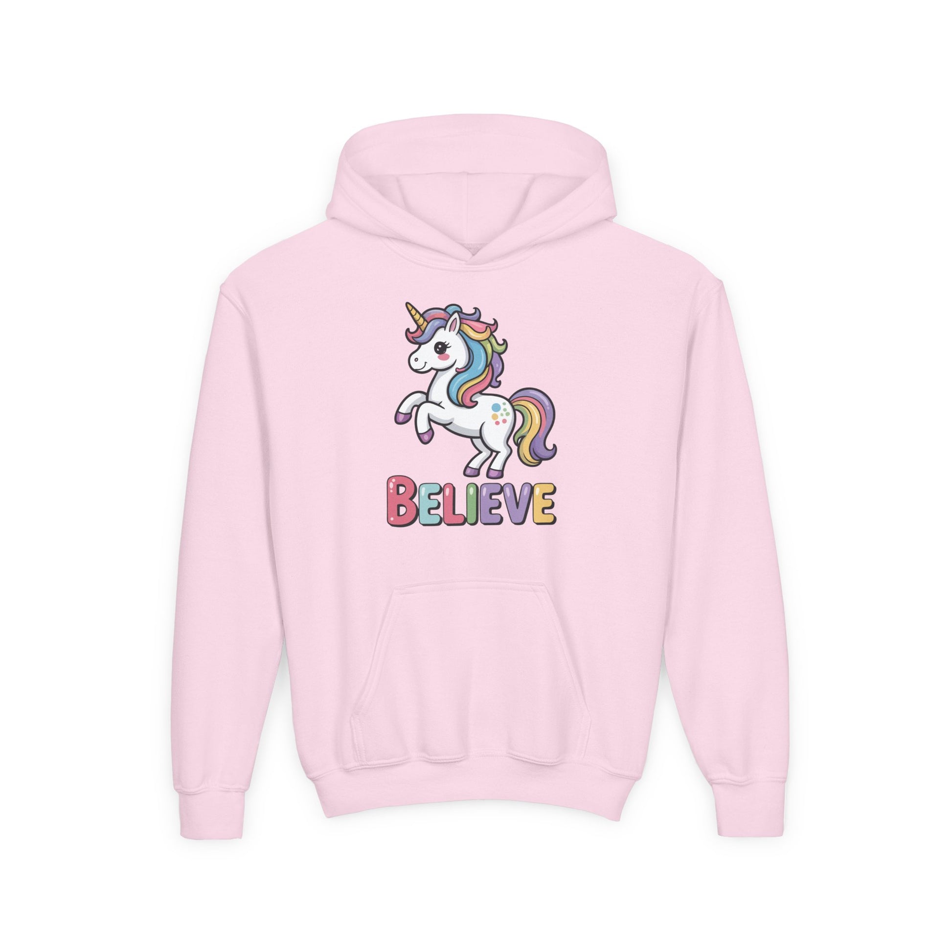 Children’s hoodie with pastel unicorn design and inspirational Believe word TEEZOCA