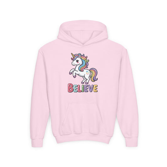 Children’s hoodie with pastel unicorn design and inspirational Believe word TEEZOCA