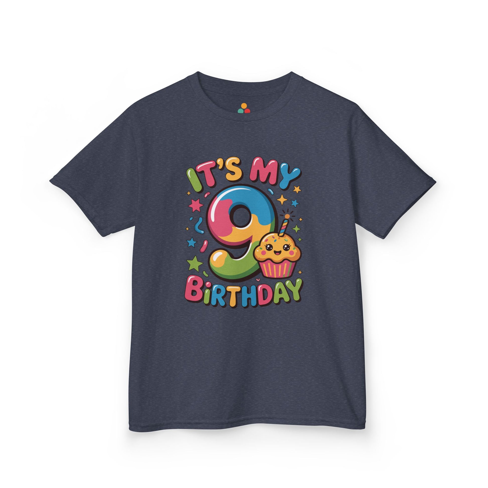 “Charcoal gray kids birthday shirt with ‘It’s My 9th Birthday’ rainbow 9 and cupcake design, front display.”

