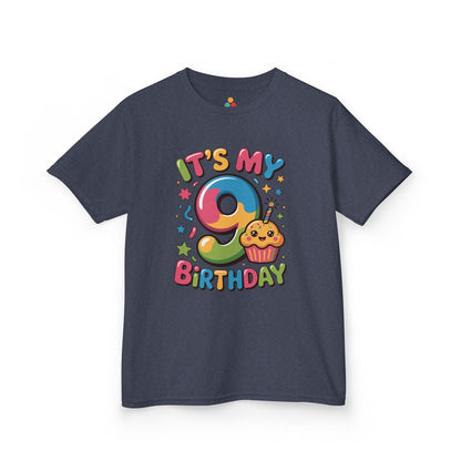 “Charcoal gray kids birthday shirt with ‘It’s My 9th Birthday’ rainbow 9 and cupcake design, front display.”

