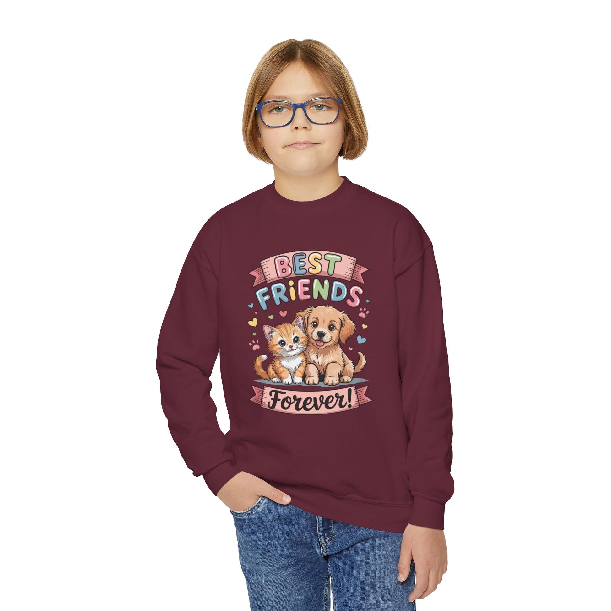 Best Friends Forever Youth Sweatshirt — Cute Puppy & Kitten Kids Crewneck TEEZOCA