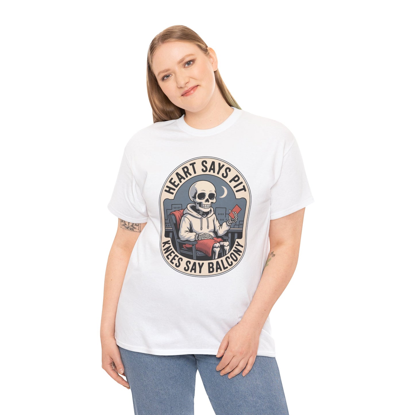 Heart Says Pit Knees Say Balcony Tee – Skeleton  Funny Concert Humor T‑Shirt