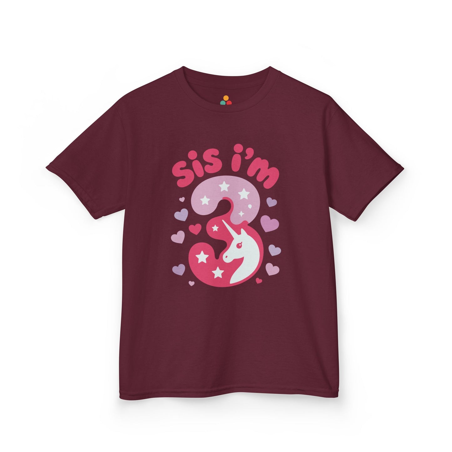 " maroon  'Sis I'm 3' unicorn birthday shirts with pink number 3 and hearts, flat front view."
