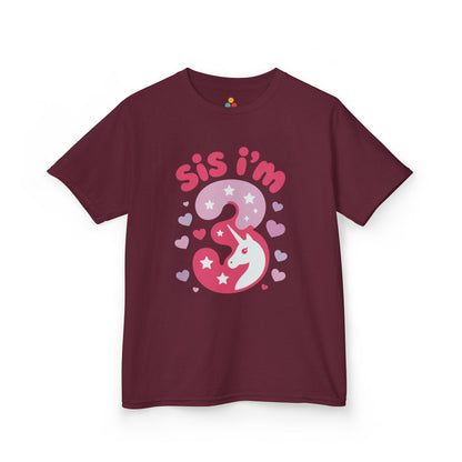 " maroon  'Sis I'm 3' unicorn birthday shirts with pink number 3 and hearts, flat front view."
