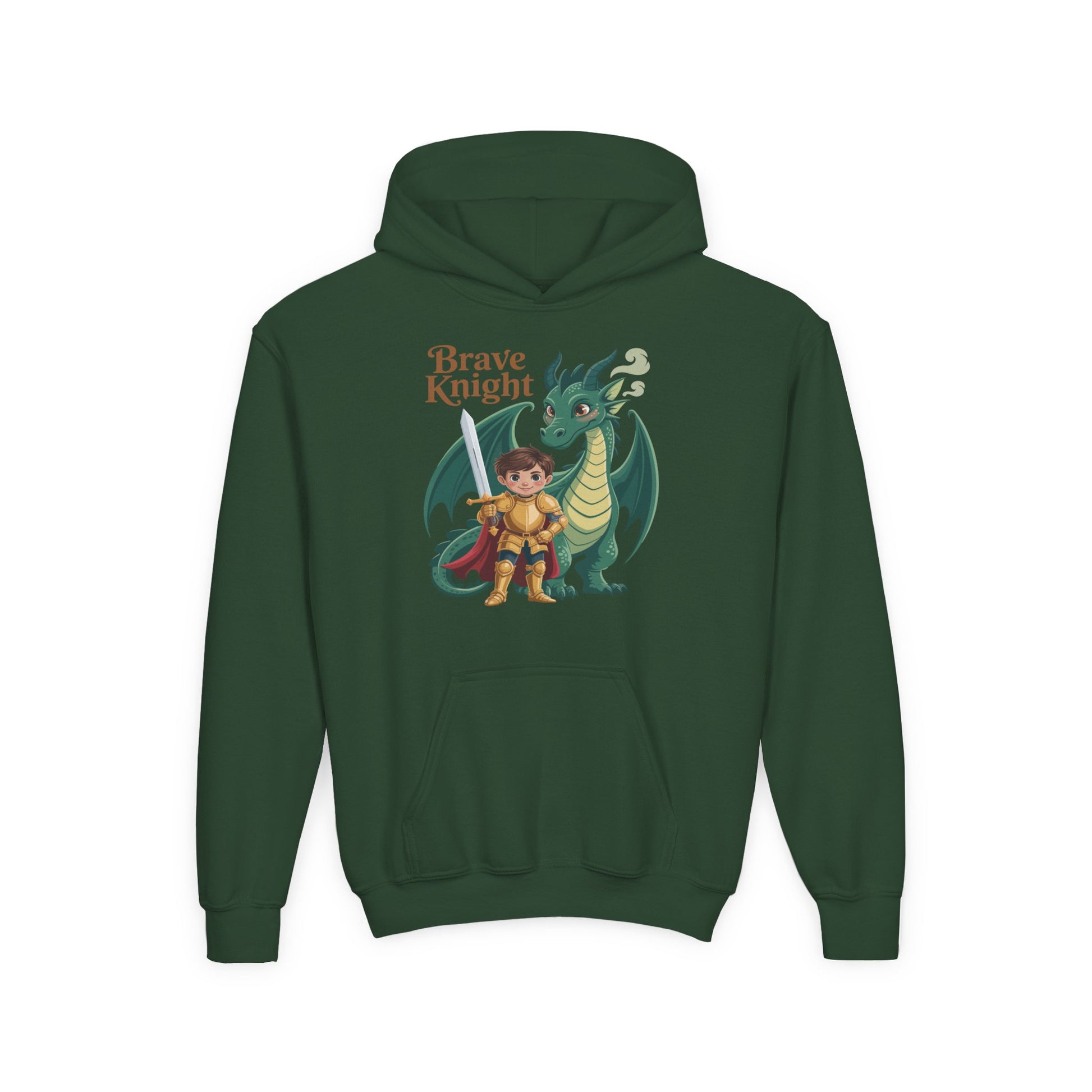 Brave Knight Youth Hoodie — Cute Dragon & Knight Graphic Sweatshirt for Kids TEEZOCA