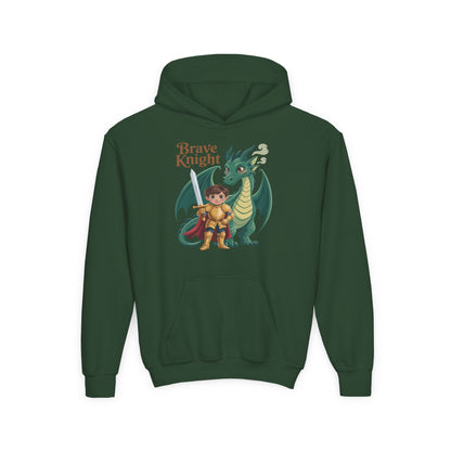 Brave Knight Youth Hoodie — Cute Dragon & Knight Graphic Sweatshirt for Kids TEEZOCA
