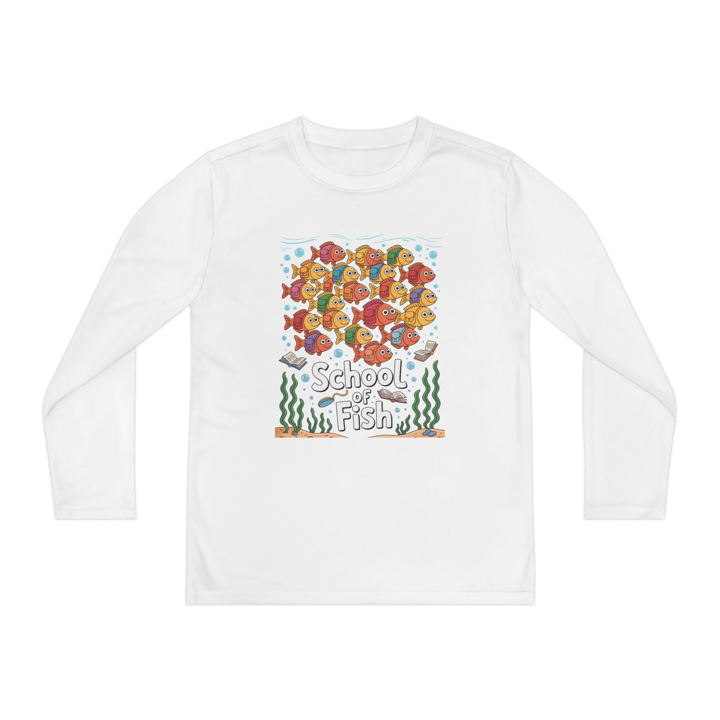 Youth Long Sleeve Tee – "School of Fish" Colorful Kids Graphic Shirt TEEZOCA