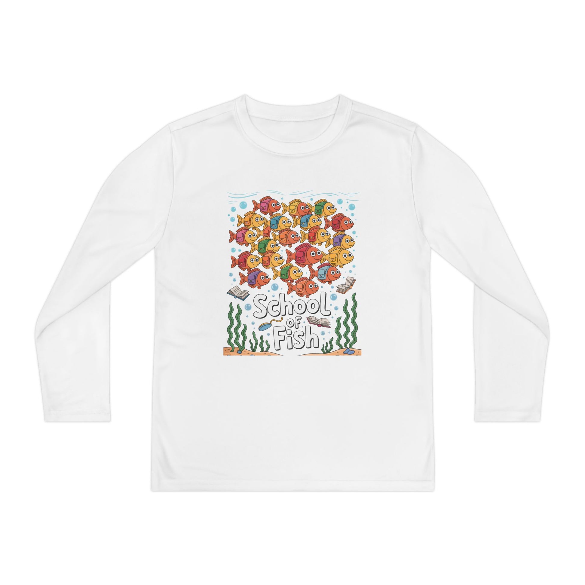 Youth Long Sleeve Tee – "School of Fish" Colorful Kids Graphic Shirt TEEZOCA