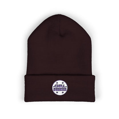 Brown beanie with 'Chill Seeker' logo on a white background