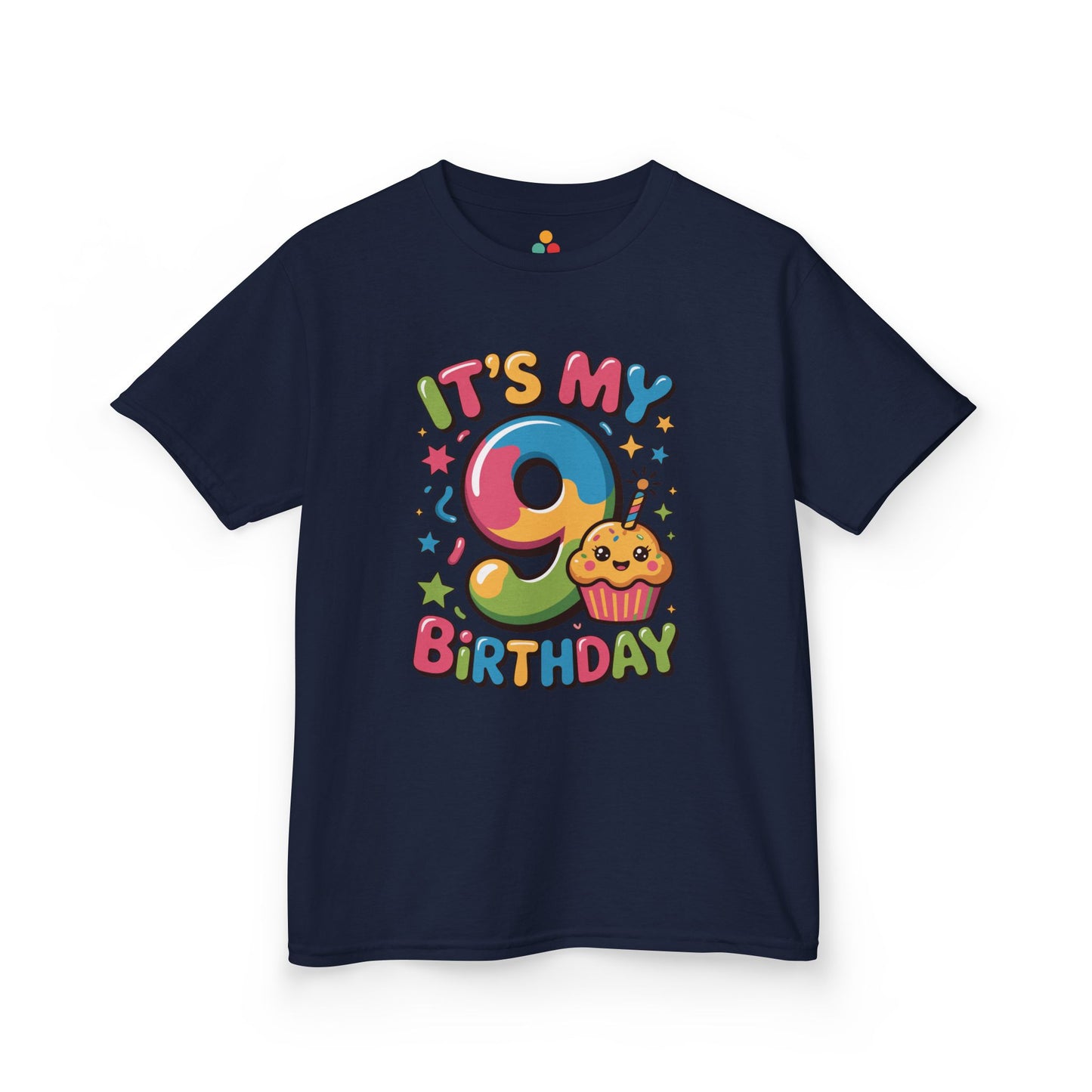 “Navy blue ‘It’s My 9th Birthday’ shirt, rainbow 9 with cupcake and stars, kids unisex tee.”

