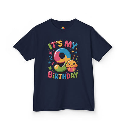 “Navy blue ‘It’s My 9th Birthday’ shirt, rainbow 9 with cupcake and stars, kids unisex tee.”

