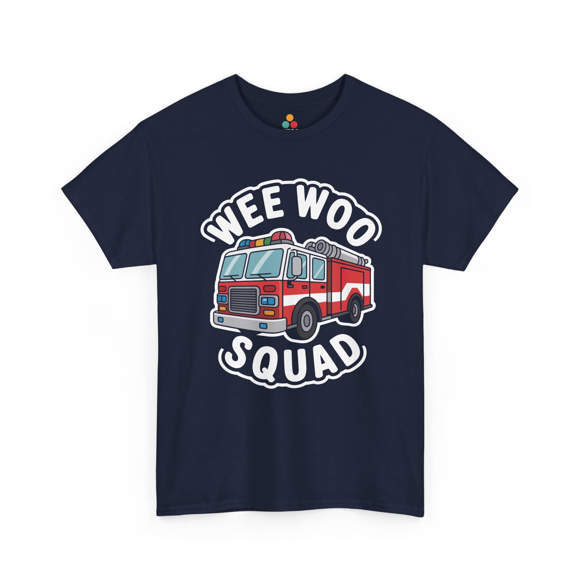 “Teezoca Wee Woo Squad shirt, cartoon fire truck and Wee Woo Squad words, navy blue tee, front.”


