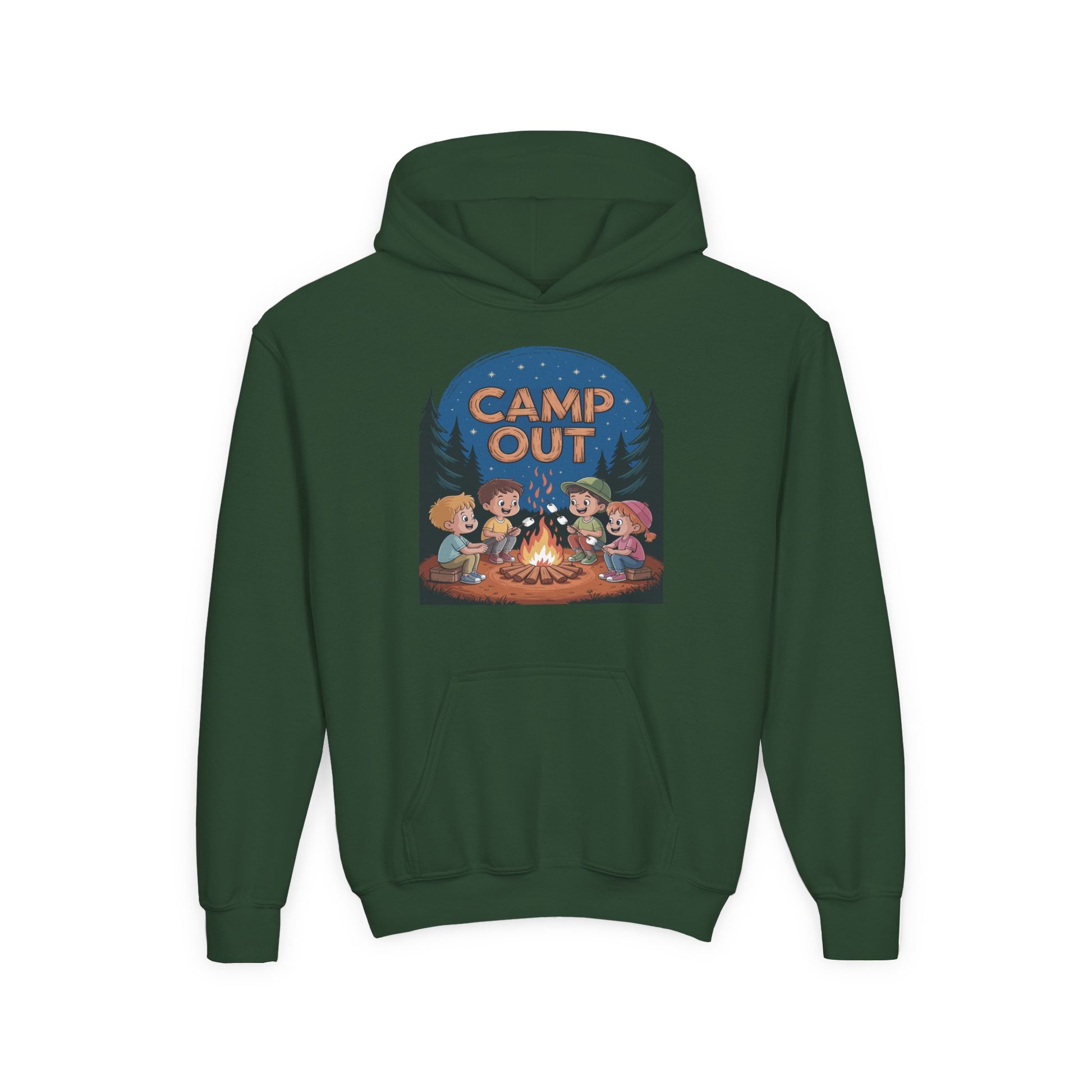 Camp Out Kids Hoodie — Youth Camping Hooded Sweatshirt with Campfire Design TEEZOCA