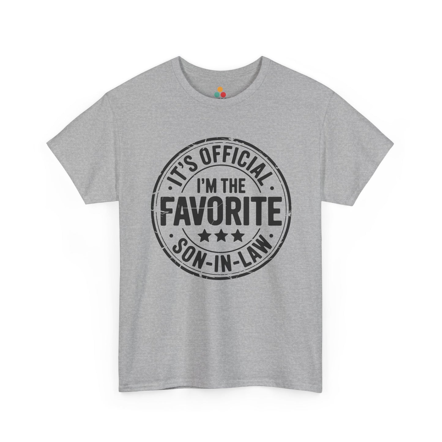 TEEZOCA gray “It’s Official I’m The Favorite Son‑in‑Law” humorous graphic tee shown flat.