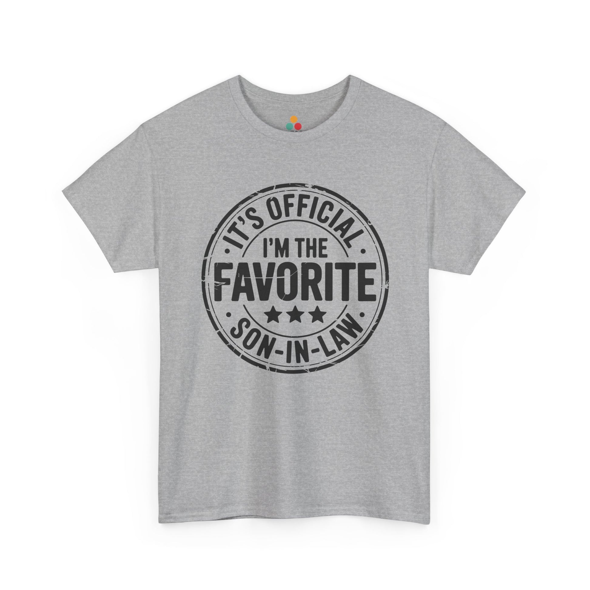 TEEZOCA gray “It’s Official I’m The Favorite Son‑in‑Law” humorous graphic tee shown flat.