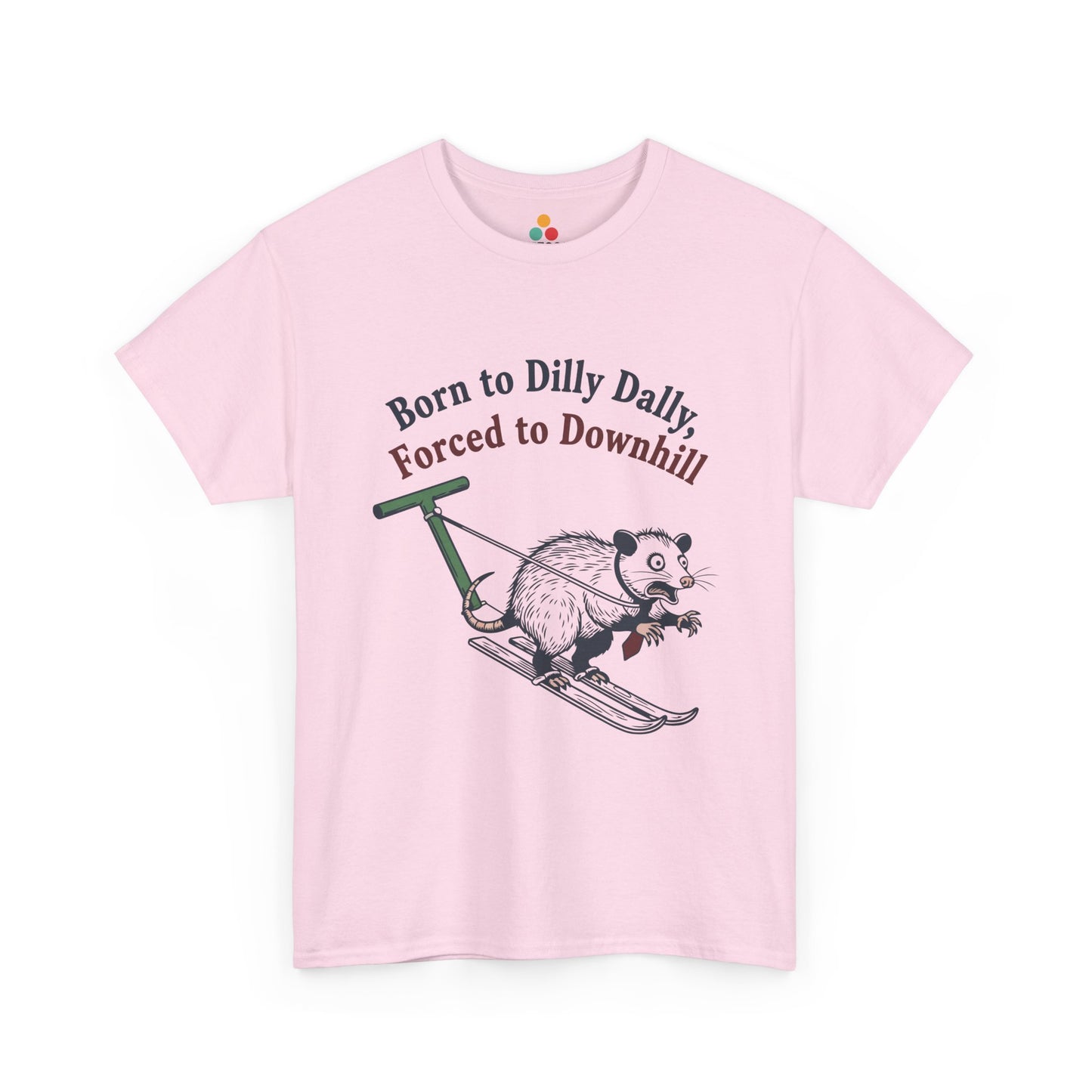Opossum Skiing Graphic T-Shirt - "Born to Dilly Dally, Forced to Downhill" Funny Winter Tee | TEEZOCA 