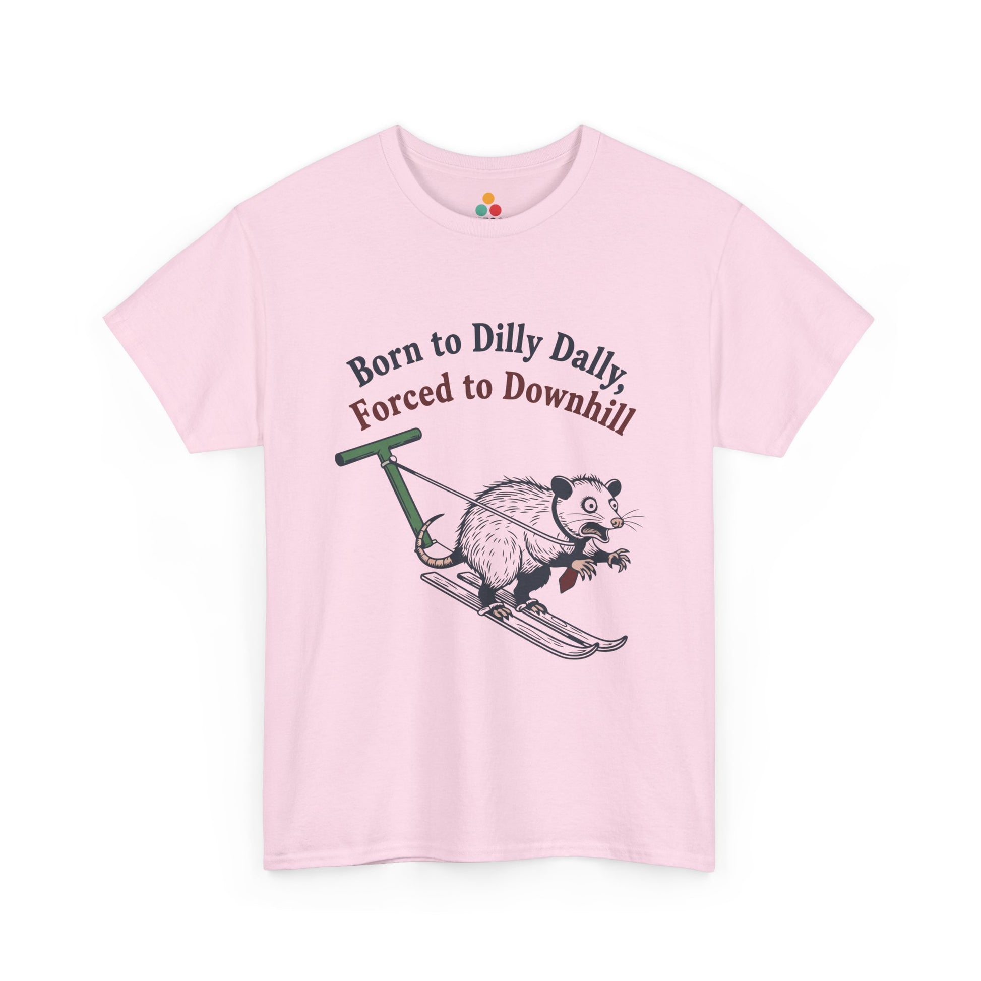 Opossum Skiing Graphic T-Shirt - "Born to Dilly Dally, Forced to Downhill" Funny Winter Tee | TEEZOCA 