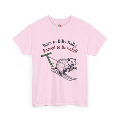 Opossum Skiing Graphic T-Shirt - "Born to Dilly Dally, Forced to Downhill" Funny Winter Tee | TEEZOCA 