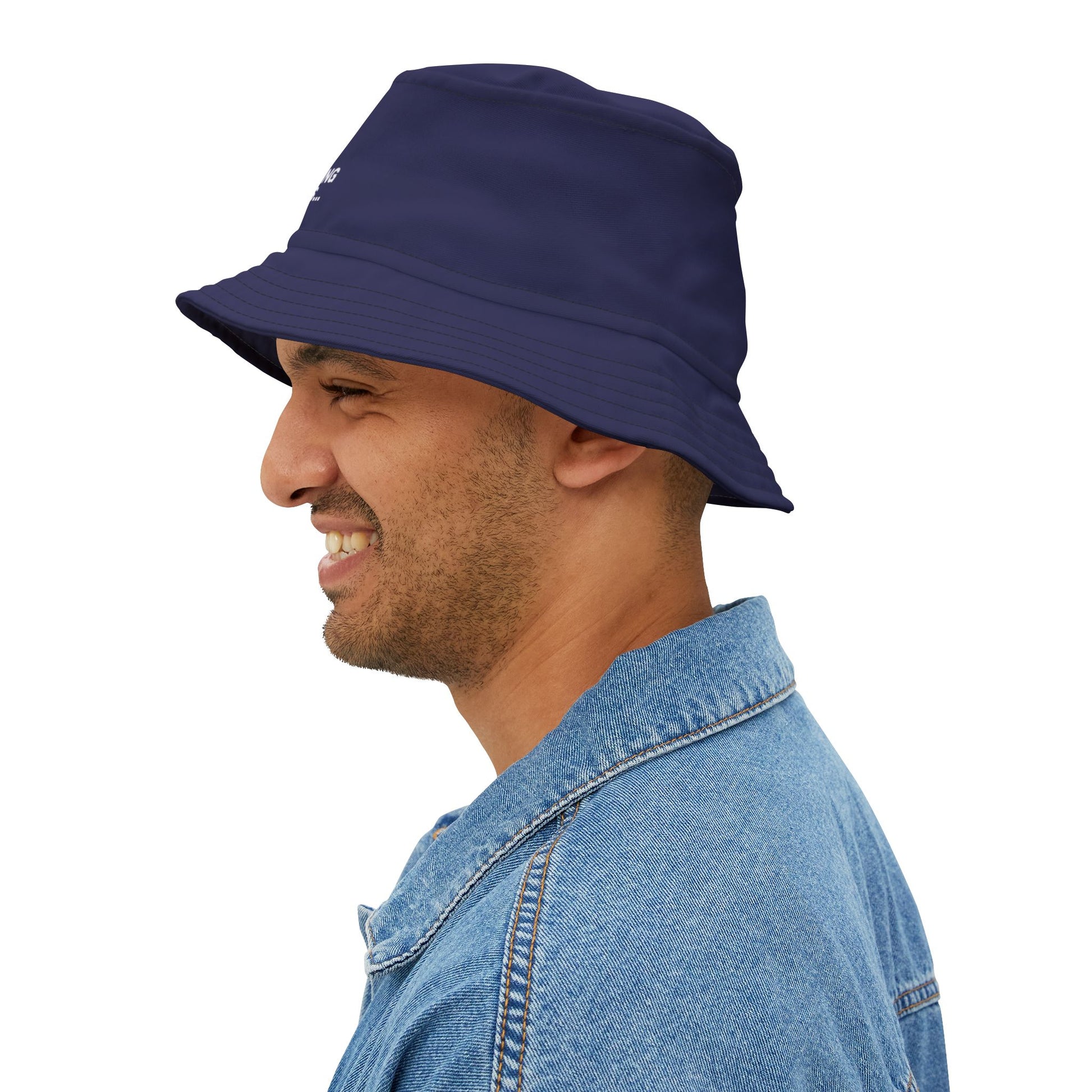 Funny navy bucket hat with 'Overthinking in Progress...' text on a white background. TEEZOCA
