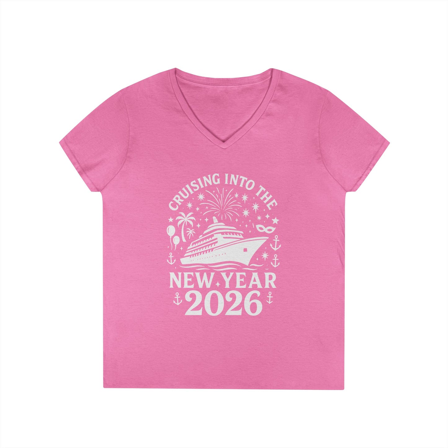 Pink t-shirt with New Year's design featuring a cruise ship on a white background