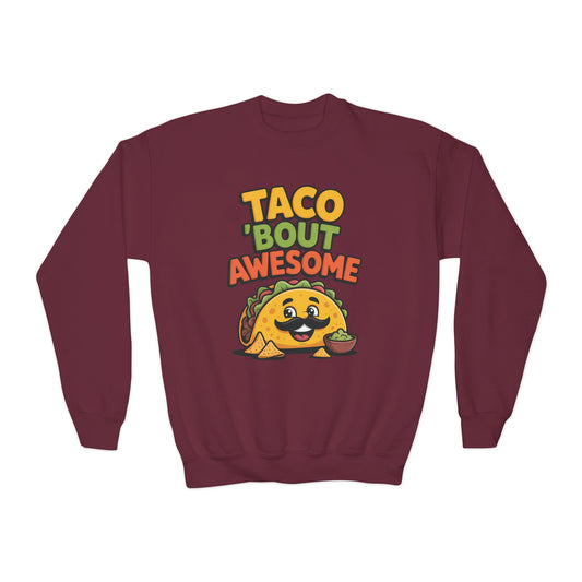 Youth Crewneck Sweatshirt - "Taco 'Bout Awesome" Cute Taco Graphic Kids Pullover TEEZOCA