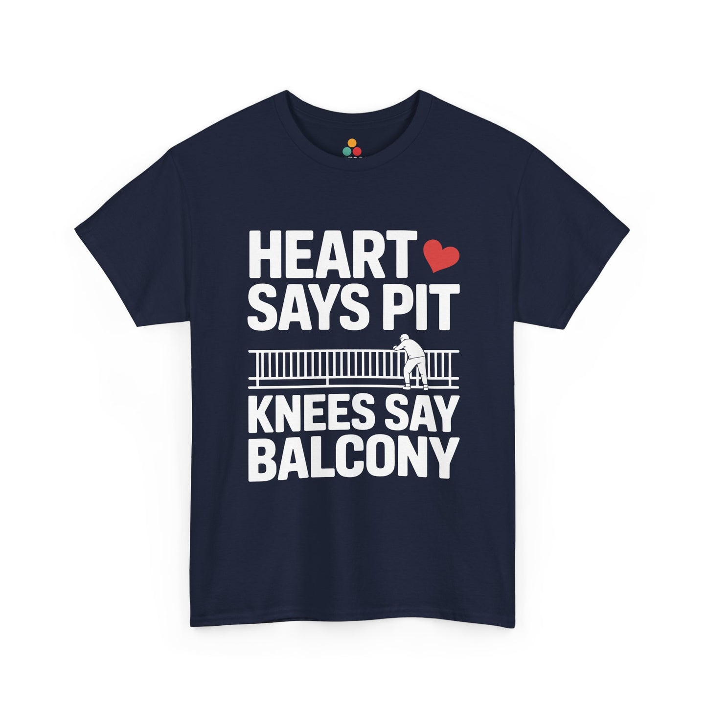 Navy t-shirt mockup with “Heart Says Pit Knees Say Balcony” balcony design, front print.