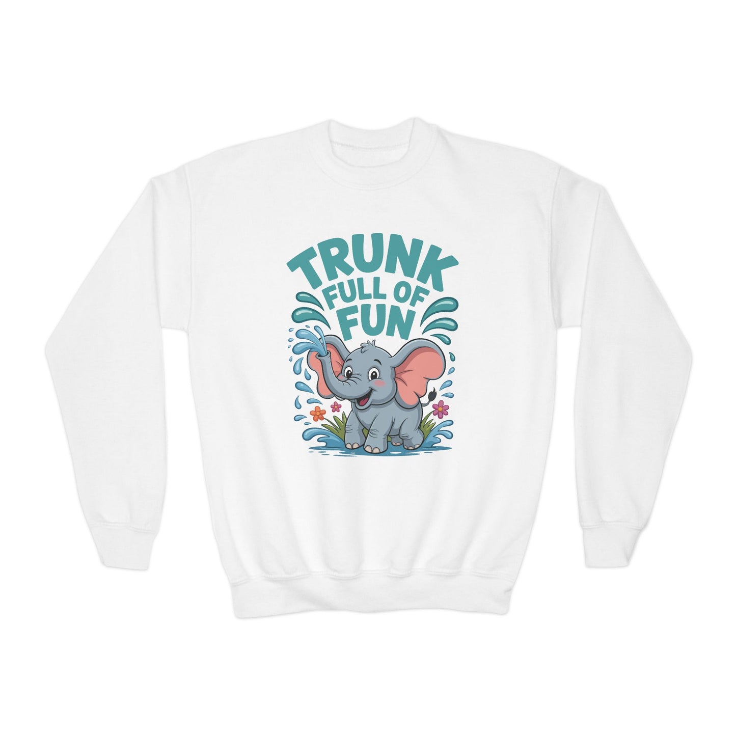 Youth Crewneck Sweatshirt — "Trunk Full of Fun" Playful Elephant Kids Pullover TEEZOCA