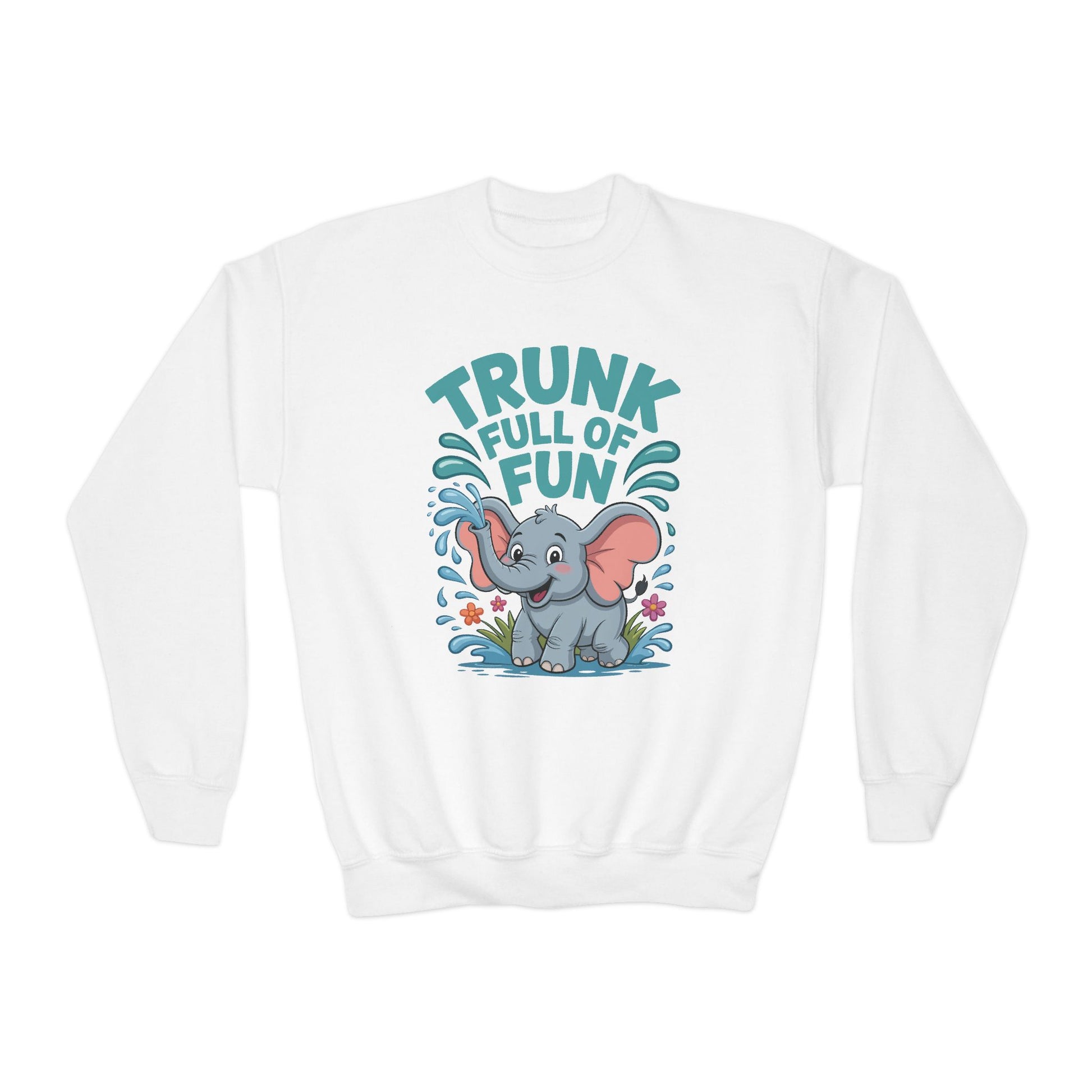Youth Crewneck Sweatshirt — "Trunk Full of Fun" Playful Elephant Kids Pullover TEEZOCA