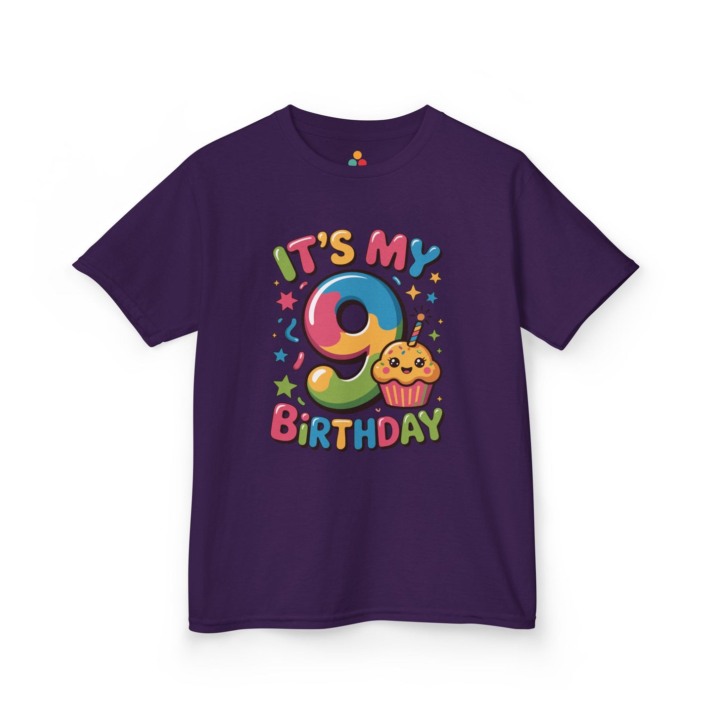 “Purple ‘It’s My 9th Birthday’ t-shirt, bright rainbow 9 and smiling cupcake graphic, flat front view.”


