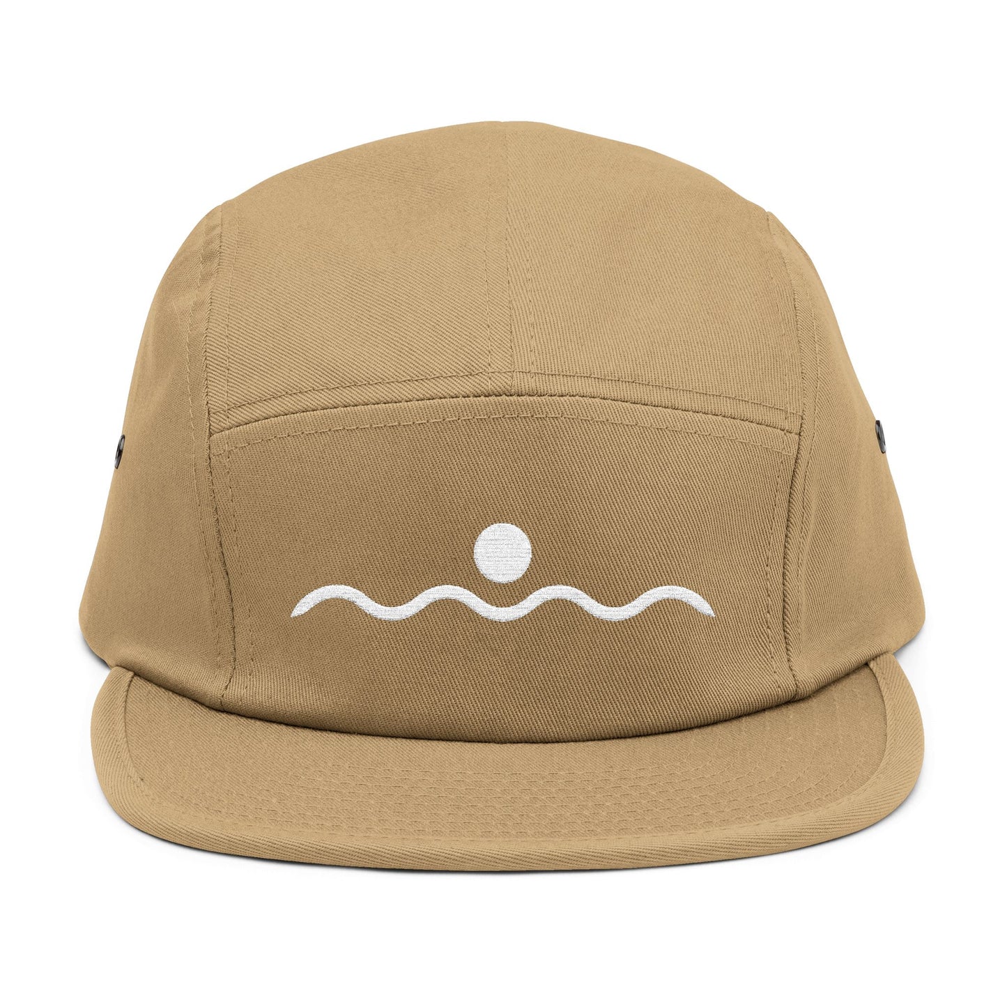 Tan cap with a white wave and sun design on a white background. Minimal sunset and wave line-art graphic in white. TEEZOCA