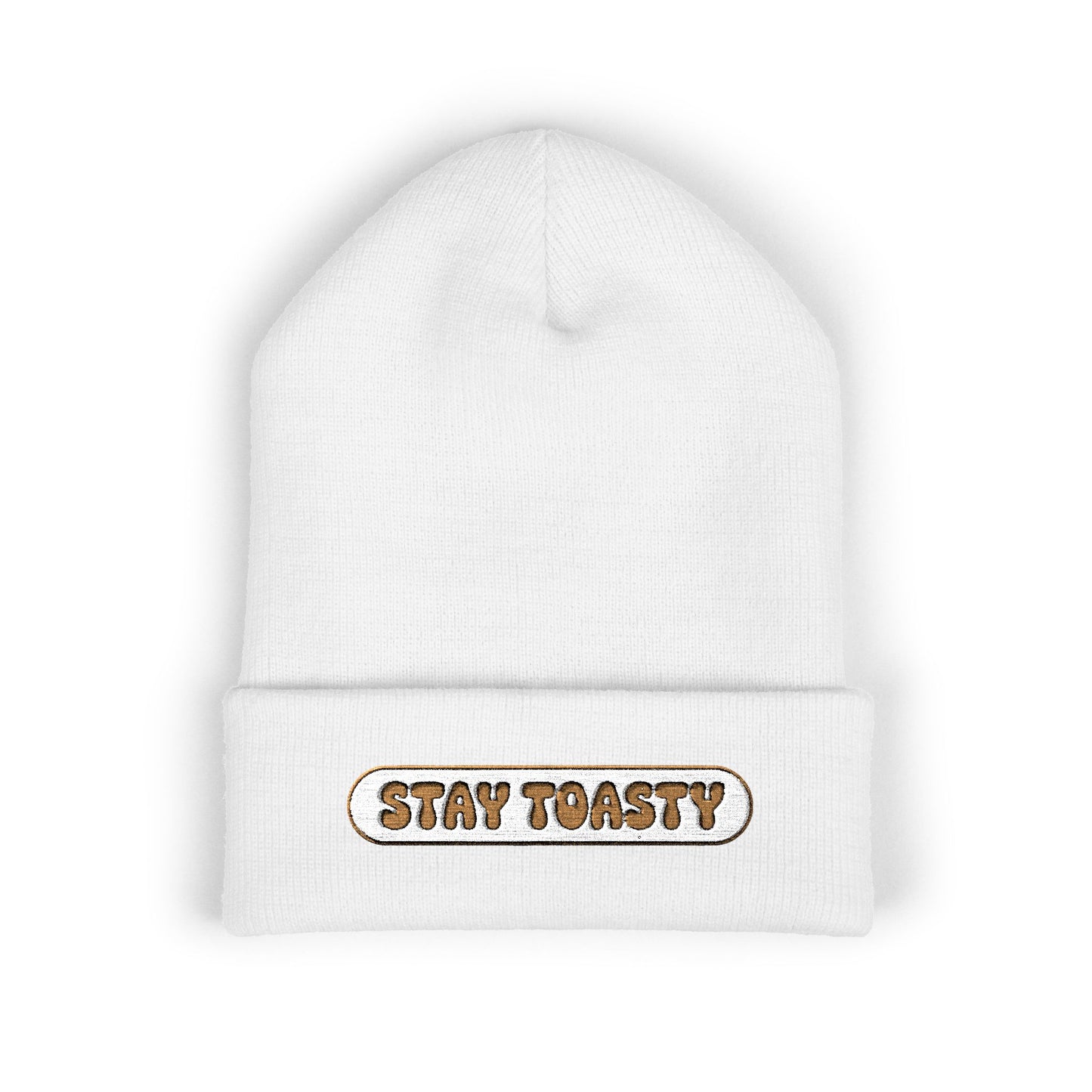 White beanie with 'Stay Toasty' text on a white background