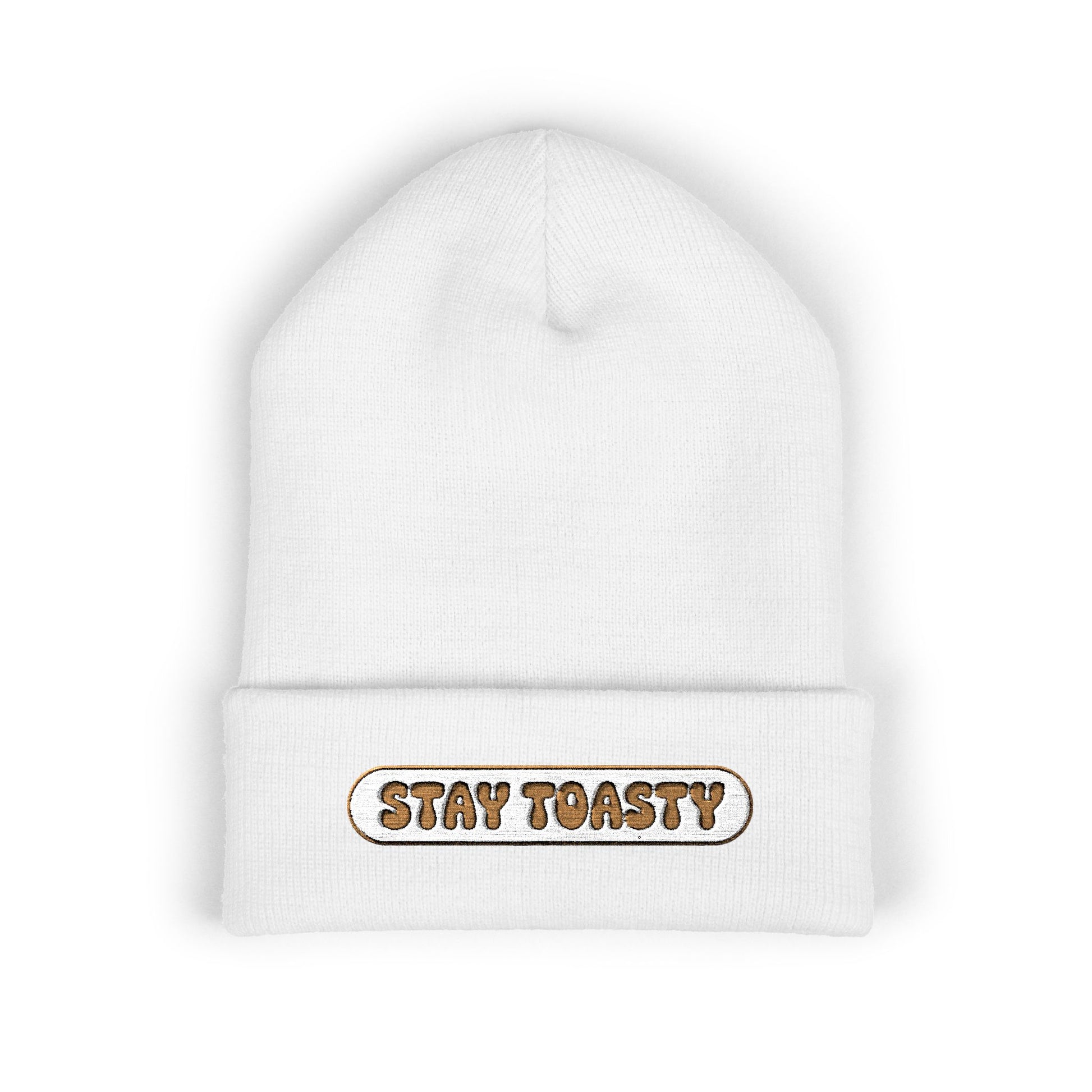 White beanie with 'Stay Toasty' text on a white background