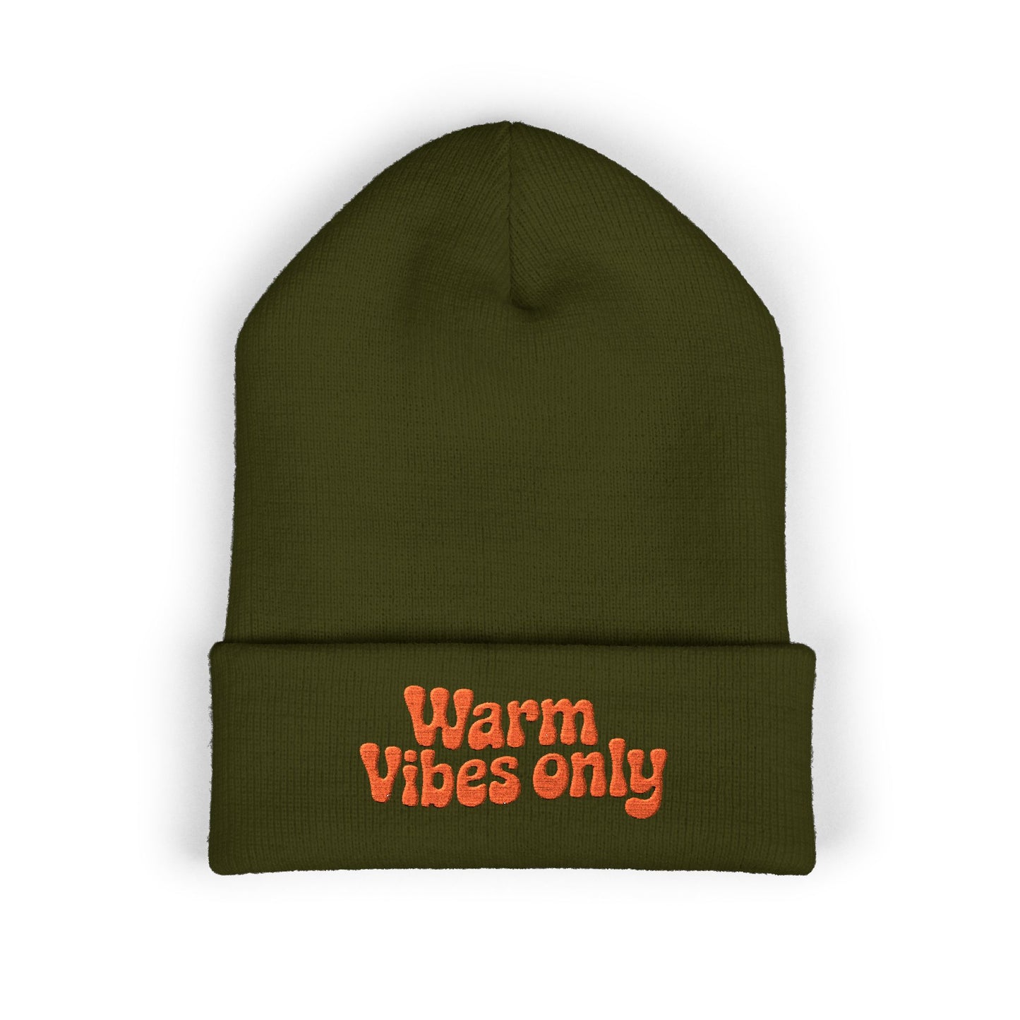 Green beanie with 'Warm Vibes only' text in orange on a white background. Playful retro-style beanie with warm orange lettering stitched on cuff.