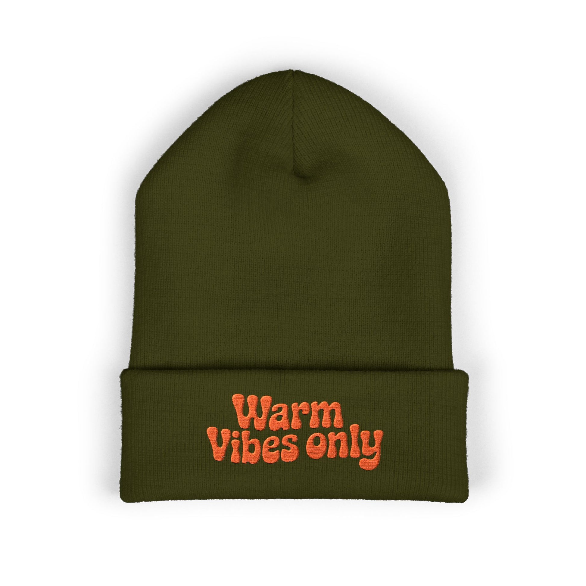 Green beanie with 'Warm Vibes only' text in orange on a white background. Playful retro-style beanie with warm orange lettering stitched on cuff.