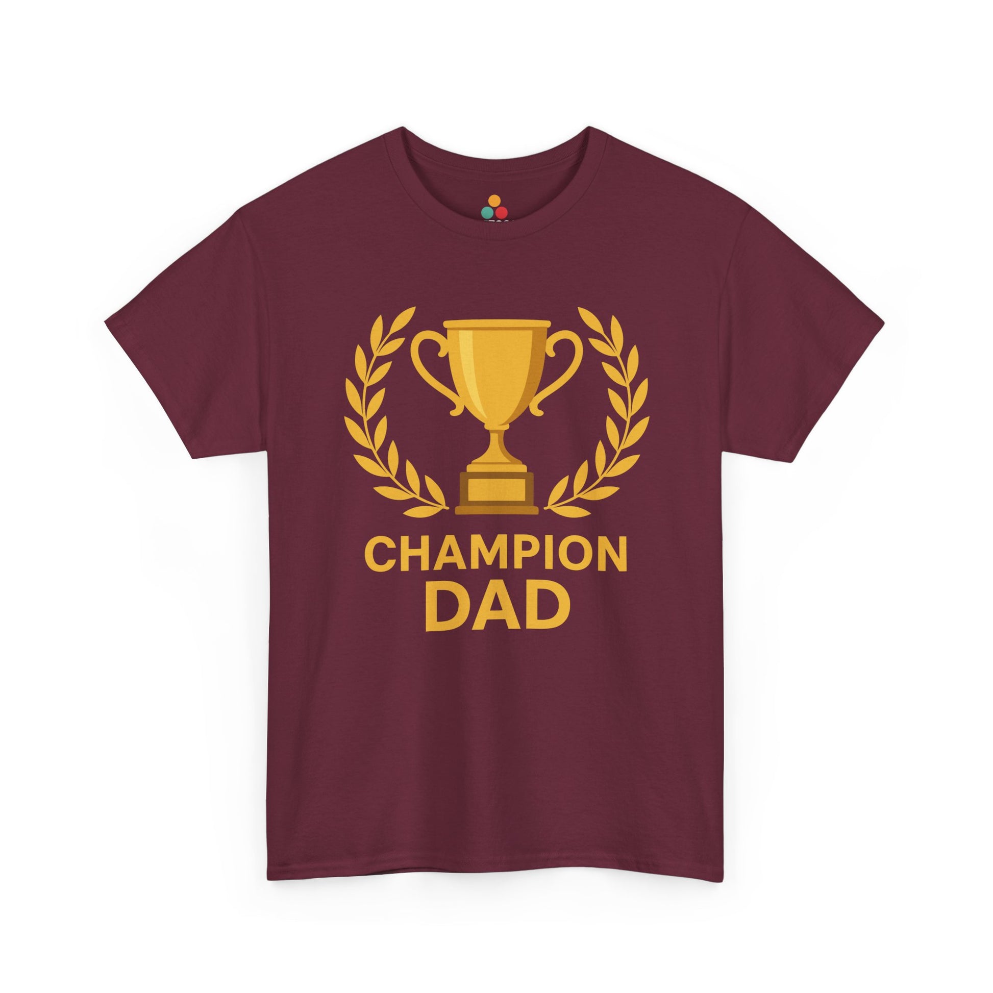 Maroon t-shirt with 'Champion Dad' graphic on a white background