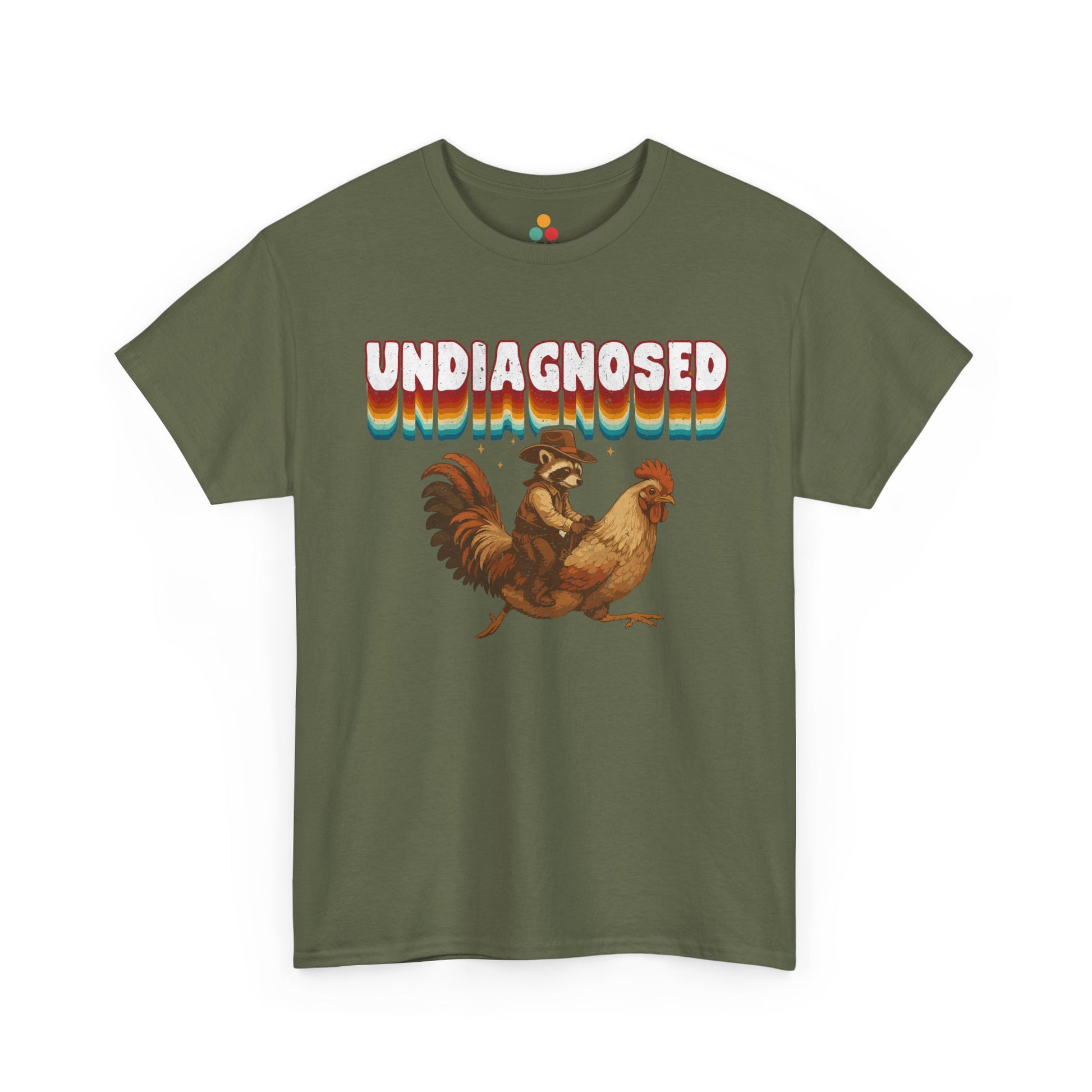 Green t-shirt with 'undiagnosed' graphic design featuring a rooster and chicken on a white background
