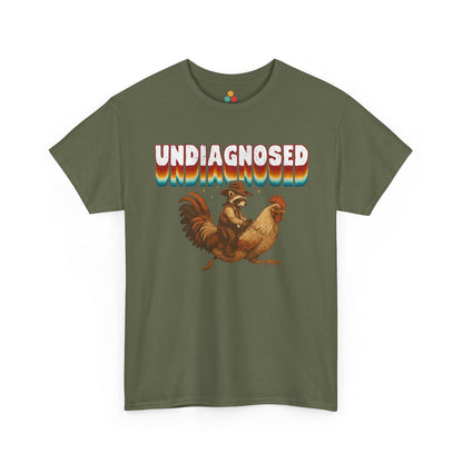 Green t-shirt with 'undiagnosed' graphic design featuring a rooster and chicken on a white background