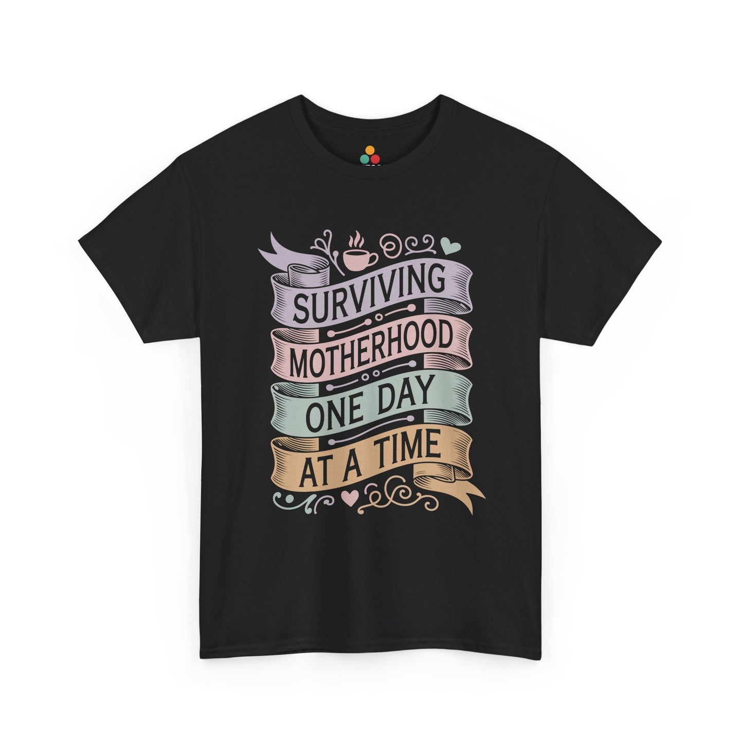 TEEZOCA black "Surviving Motherhood One Day At A Time" vintage banner graphic t‑shirt shown flat.
